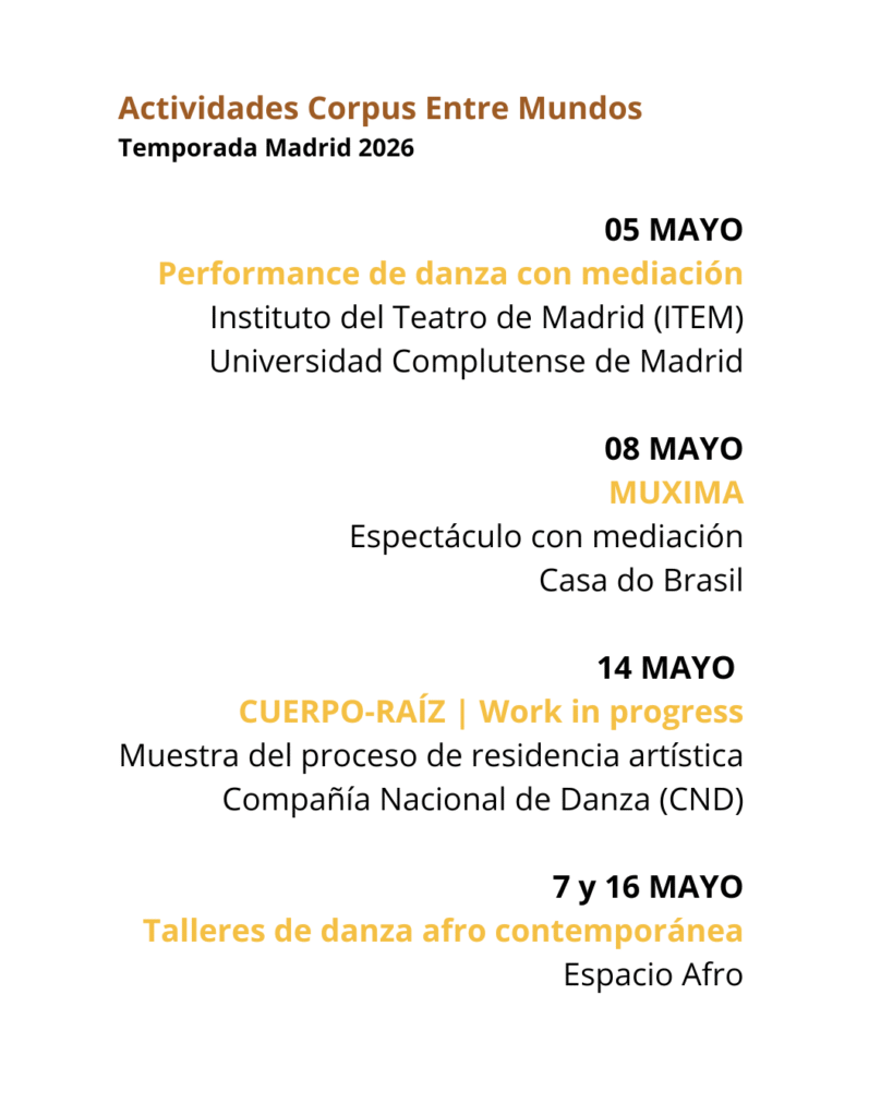 Producción y Distribución Programación de actividades de la Cía. Corpus Entre Mundos, Temporada Madrid 2026 (5 a 16 de mayo)