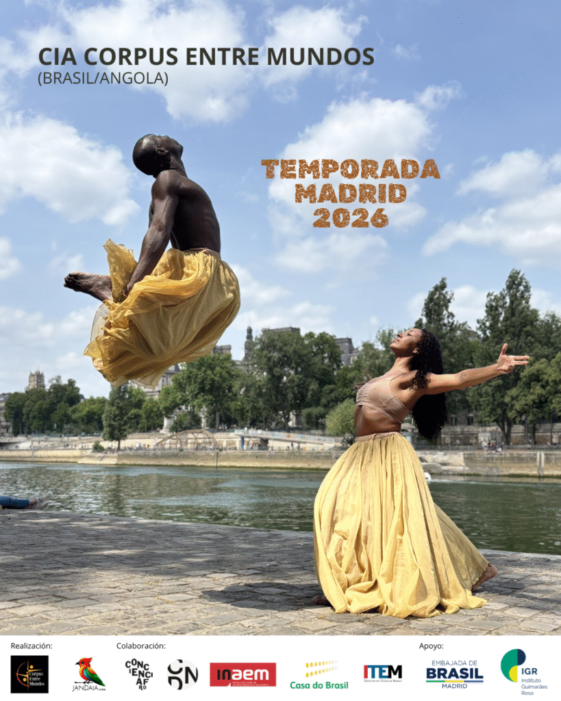 Producción y Distribución Cartel de la Temporada Madrid 2026 de la Cía. Corpus Entre Mundos: dos bailarines junto al río