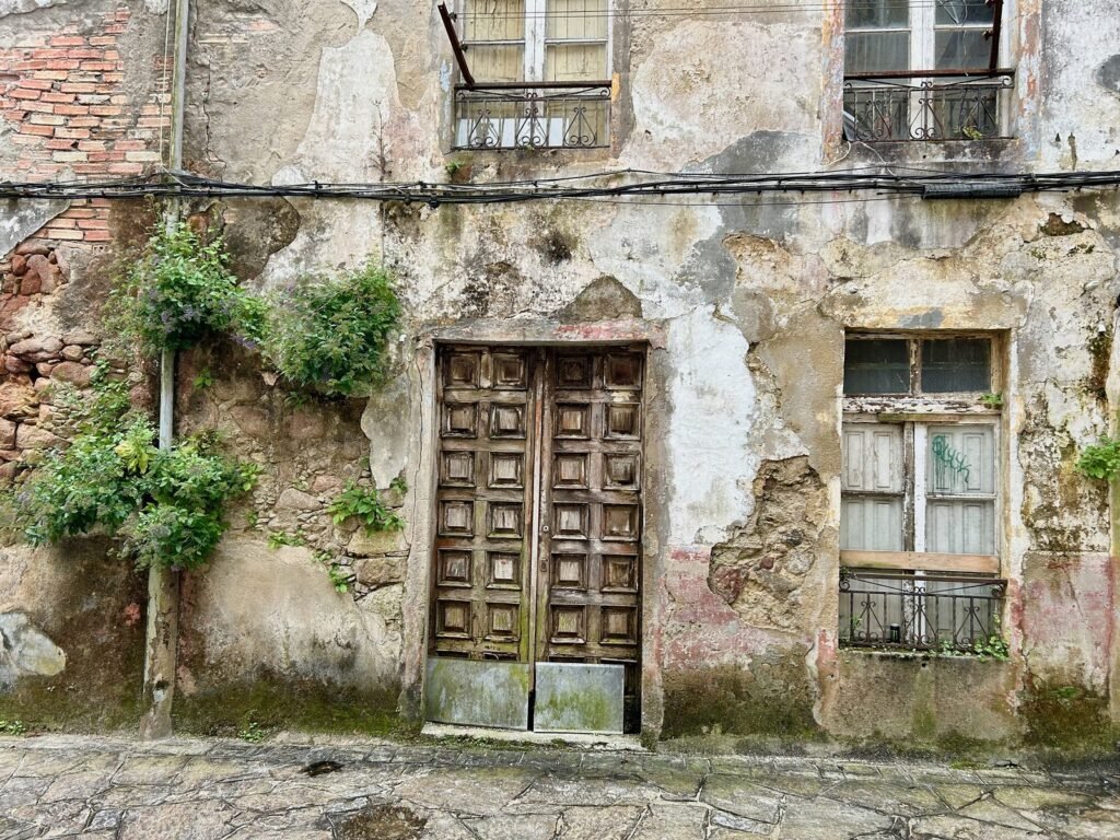 Fachada de piedra desgastada con una puerta de madera y plantas, en Galicia. Serie Memorias de piedra, de SAMU84